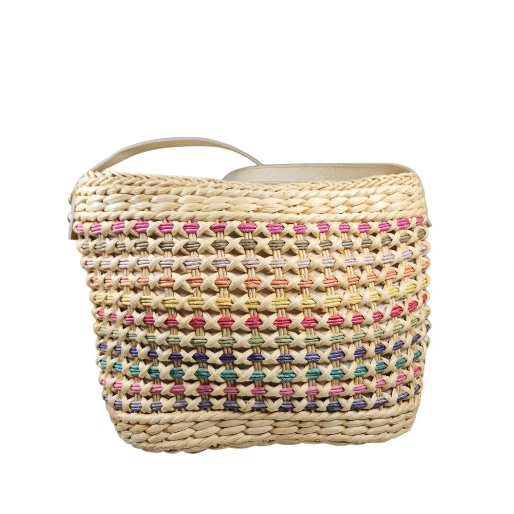 Vintage Rainbow Straw Raffia Woven Hobo Shoulder Bag Boho Coastal Cottage Y2K
